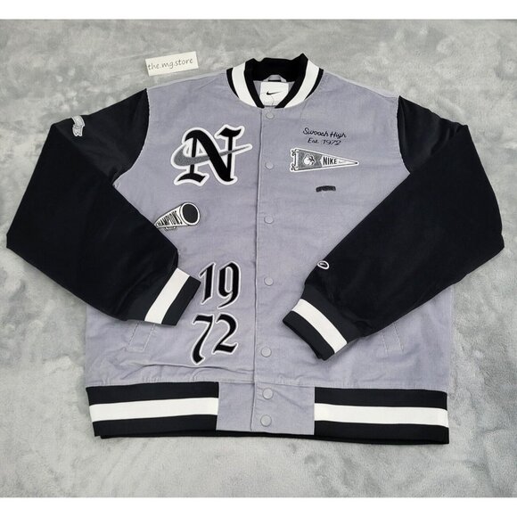 Nike Corduroy Varsity Jacket 1972 Letterman Black Grey Size XL FQ6159-012